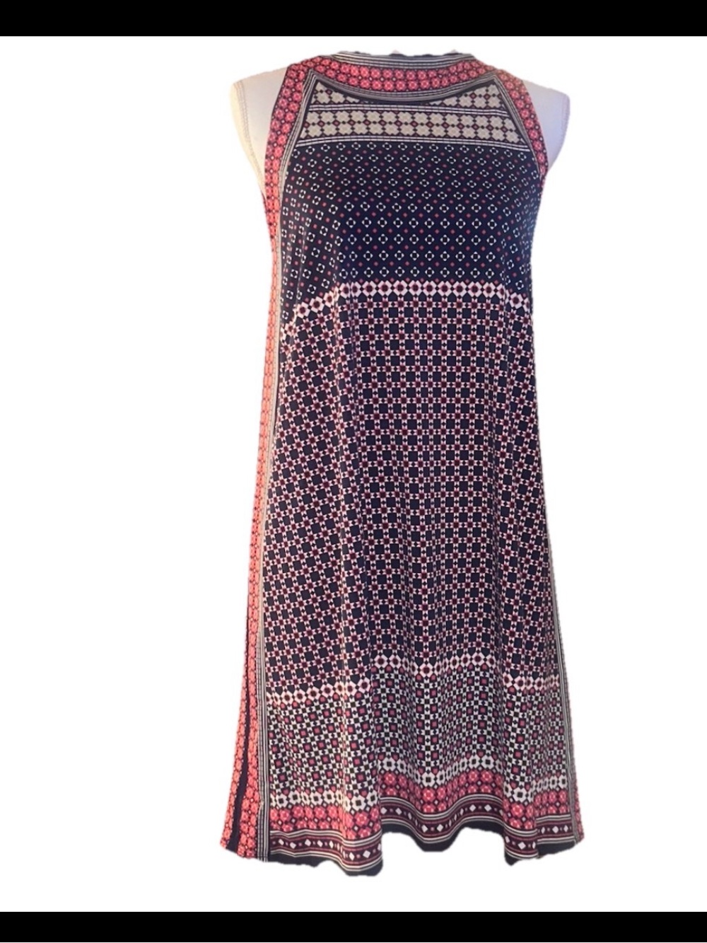 Max Studio Navy Dress with Red Blue and Cream Geometric Print